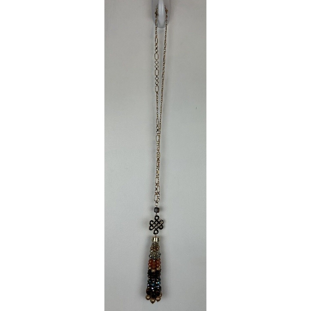 Statement Necklace Long Signed C 1946 Glass Beaded Multicolor Gold Tone